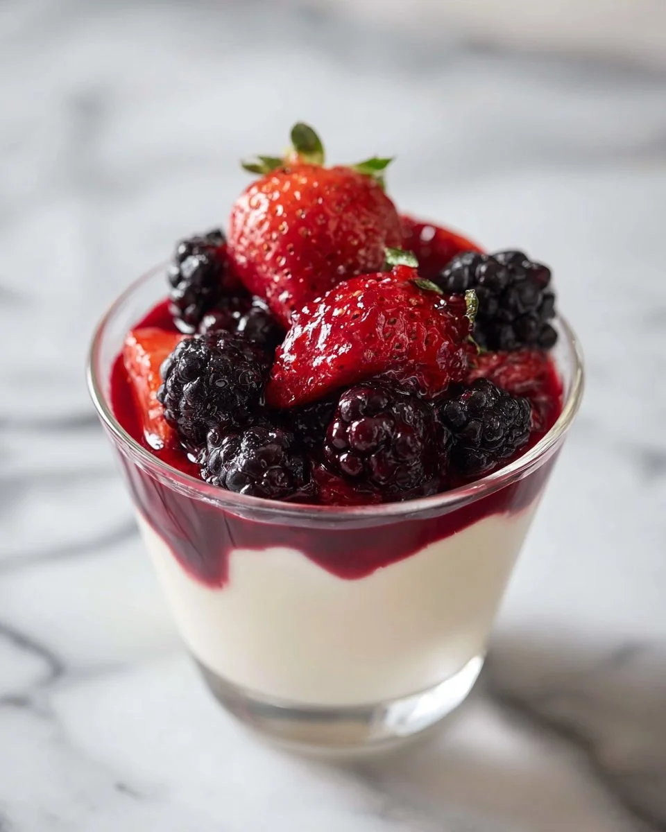 Red berry compote served with vanilla sauce, a delicious German dessert.