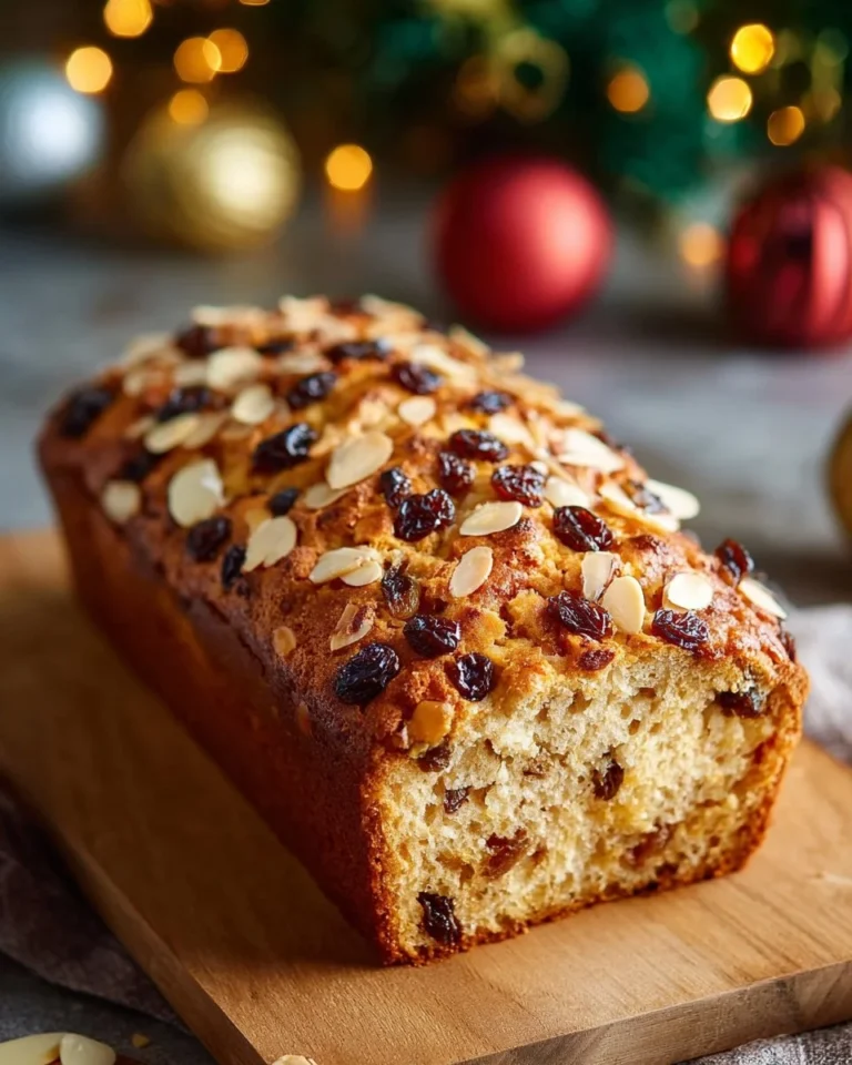 Slice of traditional Bremer Klaben, a German Christmas fruit bread on a wooden board