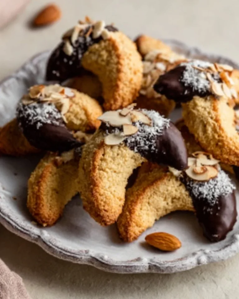 Delicious traditional German Almond Crescents on a plate with powdered sugar.