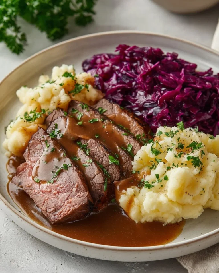 Delicious traditional Sauerbraten served with side dishes on a plate.