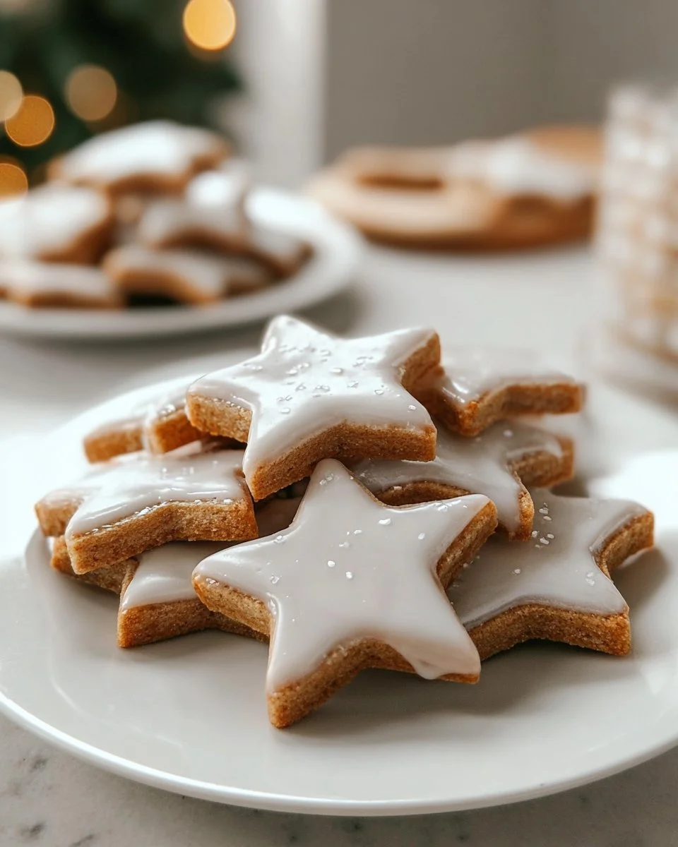 Traditional Zimtsterne cookies decorated with icing, showcasing the classic German treat.