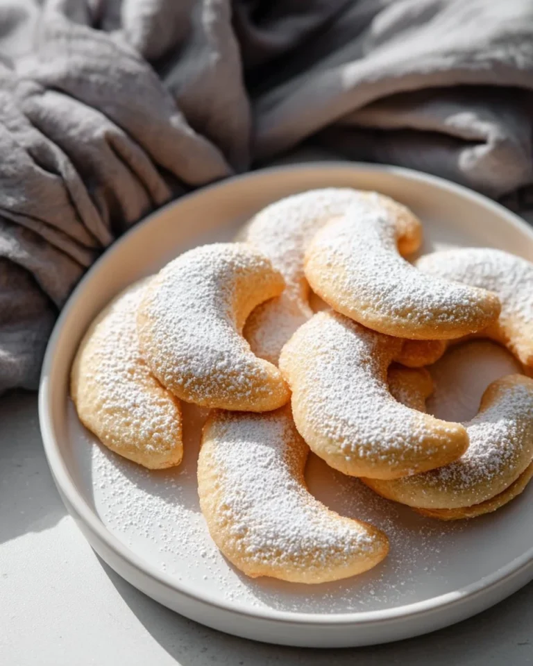 Homemade Vanillekipferl German vanilla crescent cookies on a plate