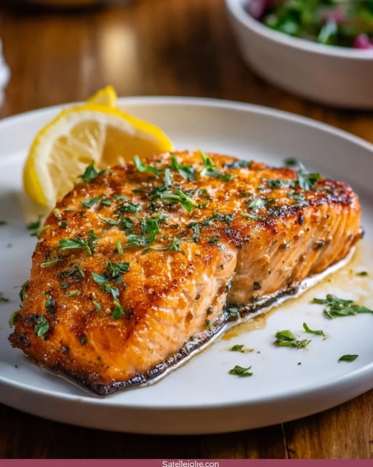 Air fryer garlic butter salmon served on a plate with lemon and herbs