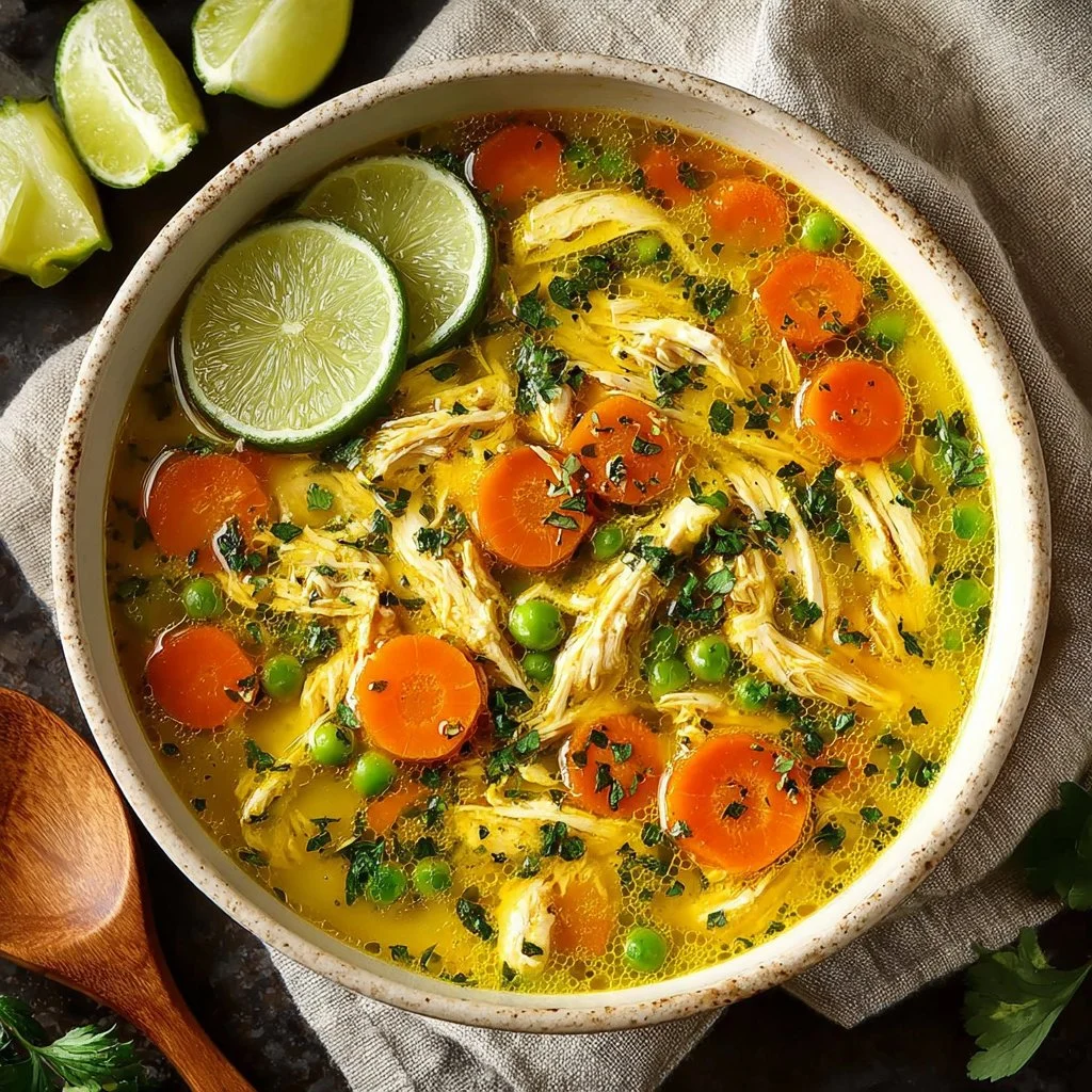 Bowl of anti-inflammatory turmeric chicken soup with herbs and spices