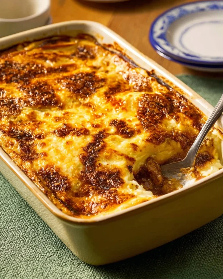 Authentic Greek Moussaka with layers of eggplant, meat, and béchamel sauce.
