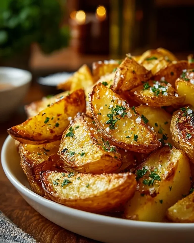 Crispy lemon Greek potatoes garnished with fresh herbs