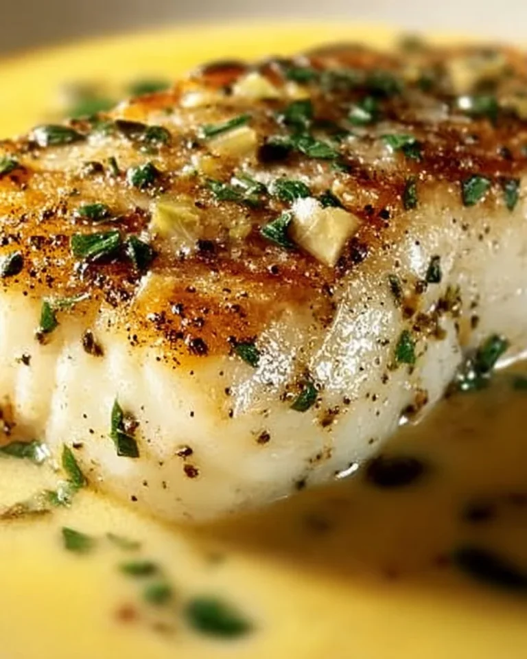Baked cod topped with coconut lemon cream sauce on a plate