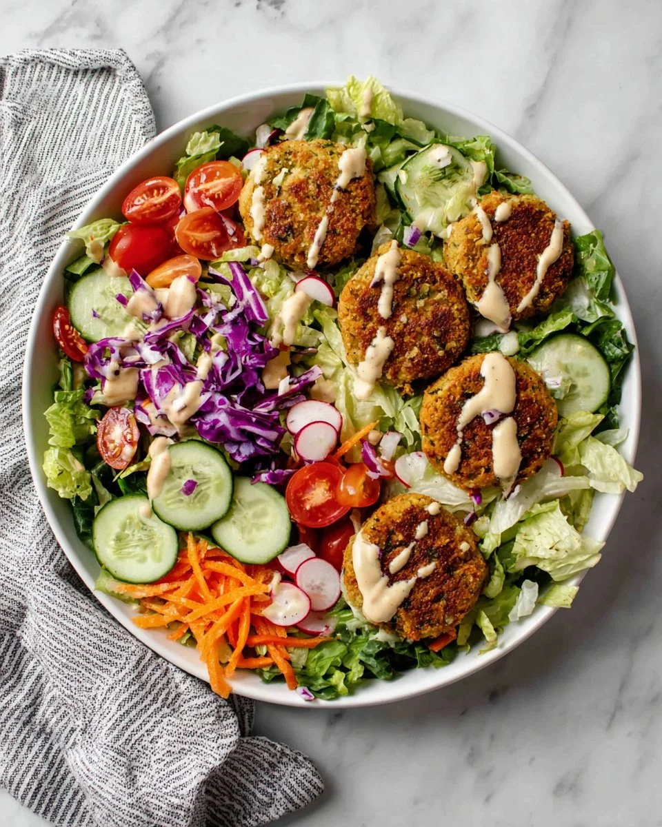 Baked falafel salad with fresh vegetables and tahini dressing