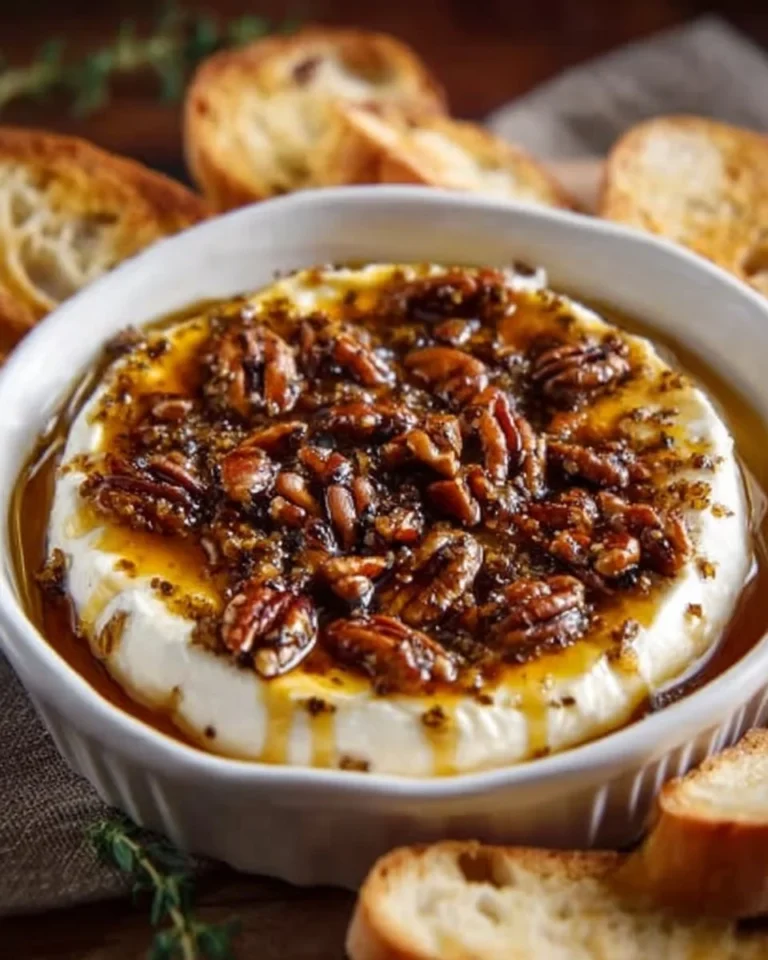 Baked feta cheese topped with figs and pecans on a serving platter