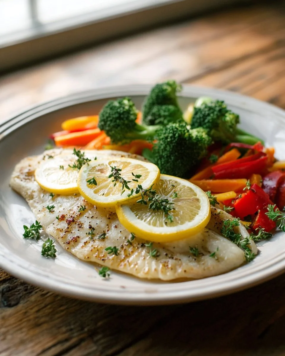 A plate of baked tilapia garnished with lemon slices and herbs