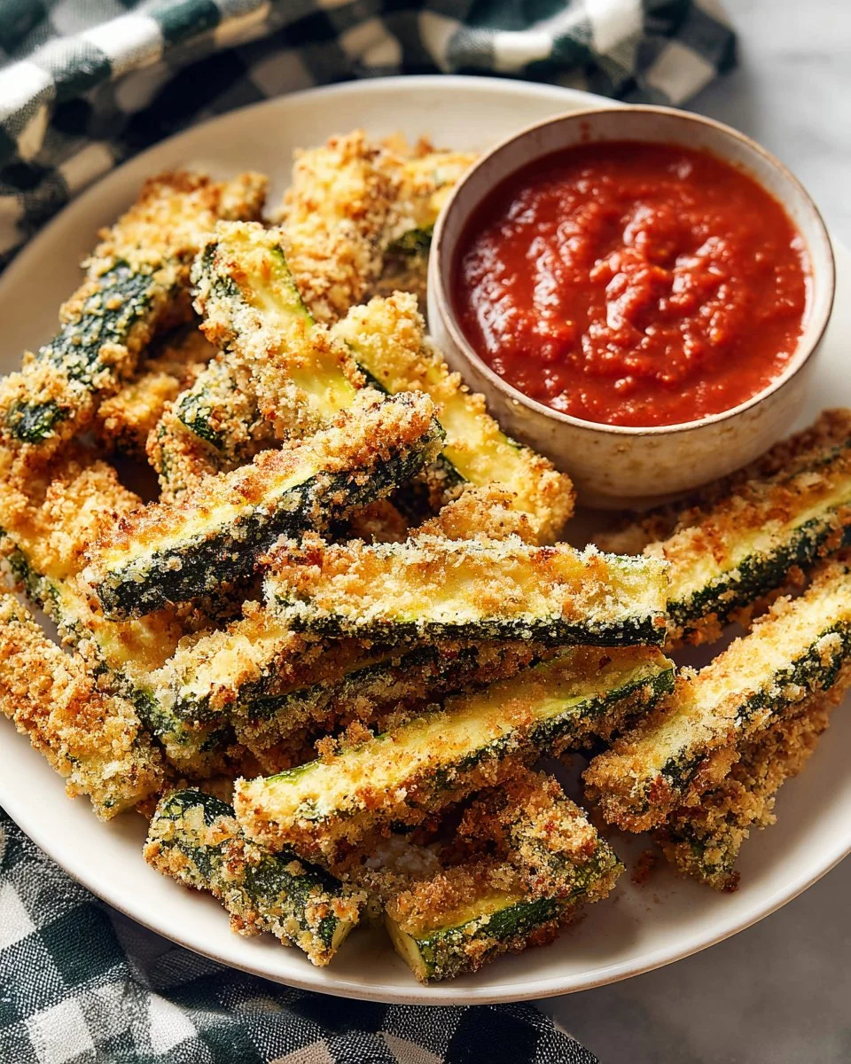 Crispy baked zucchini fries served in a bowl with dipping sauce