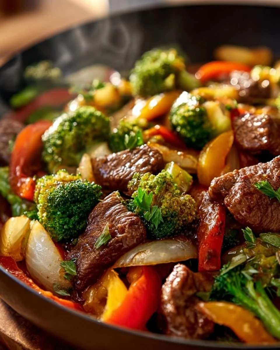Beef stir fry with colorful vegetables on a plate