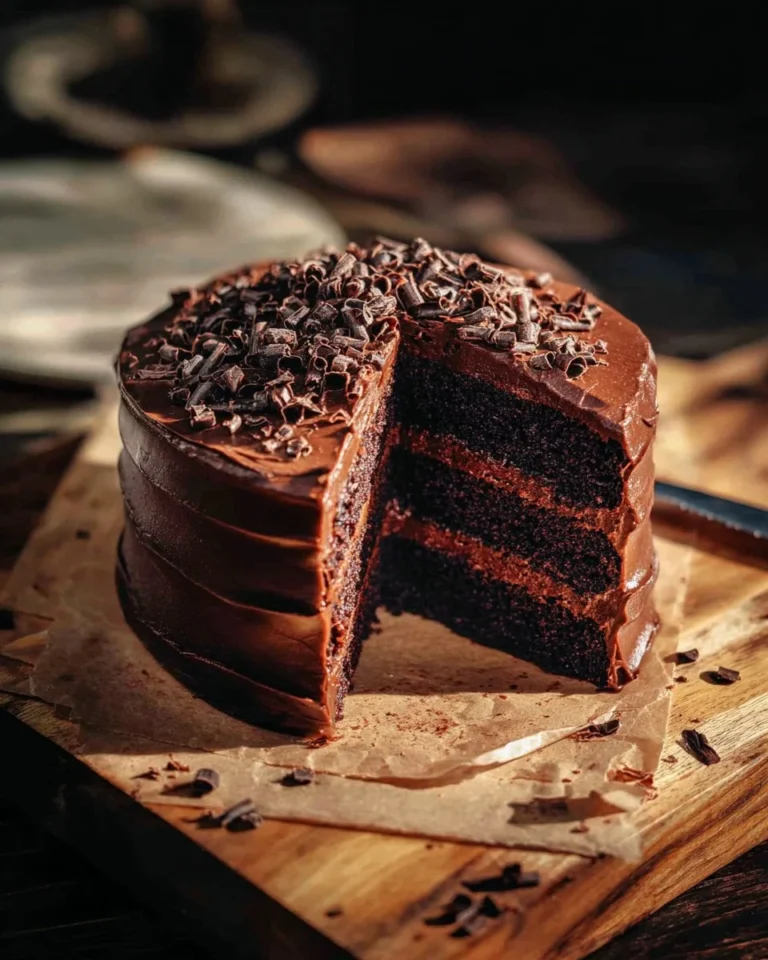 Decadent slice of the best chocolate cake topped with chocolate frosting