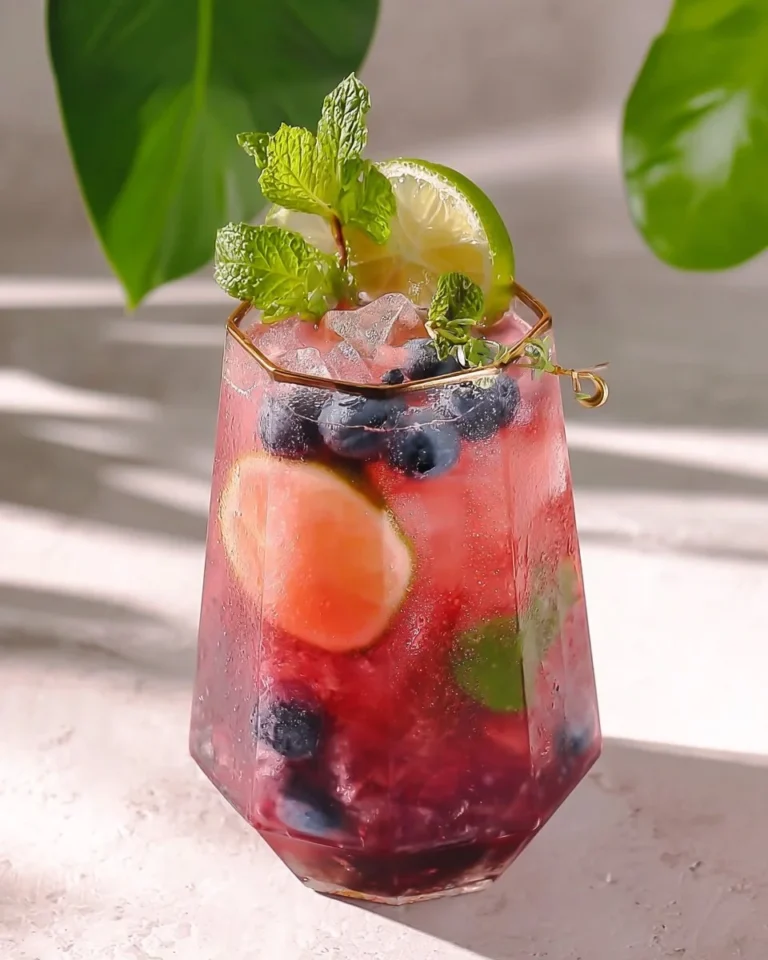 Refreshing Blueberry Mocktail garnished with fresh berries and mint