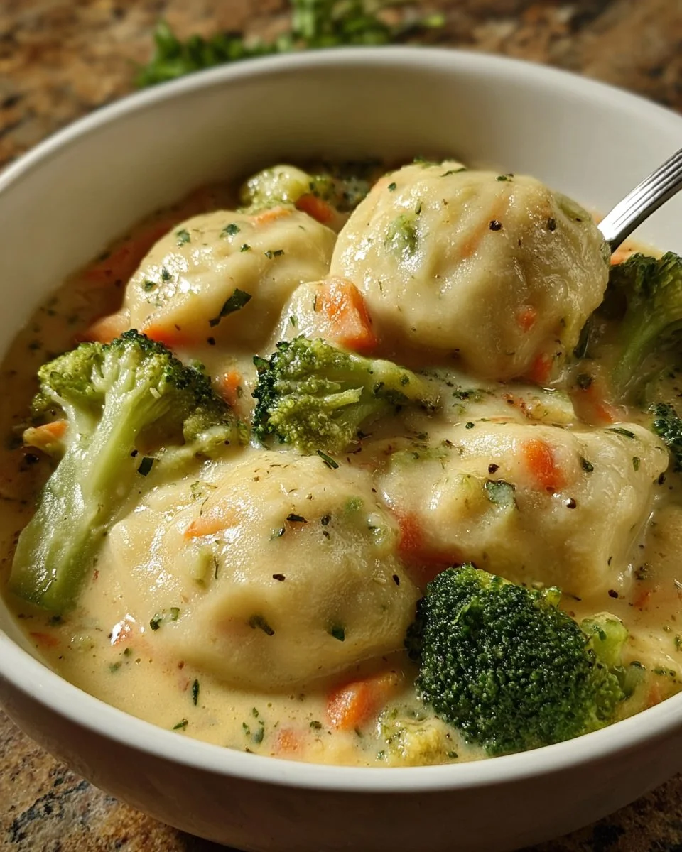 Creamy Broccoli Cheddar Chicken and Dumplings in a white bowl