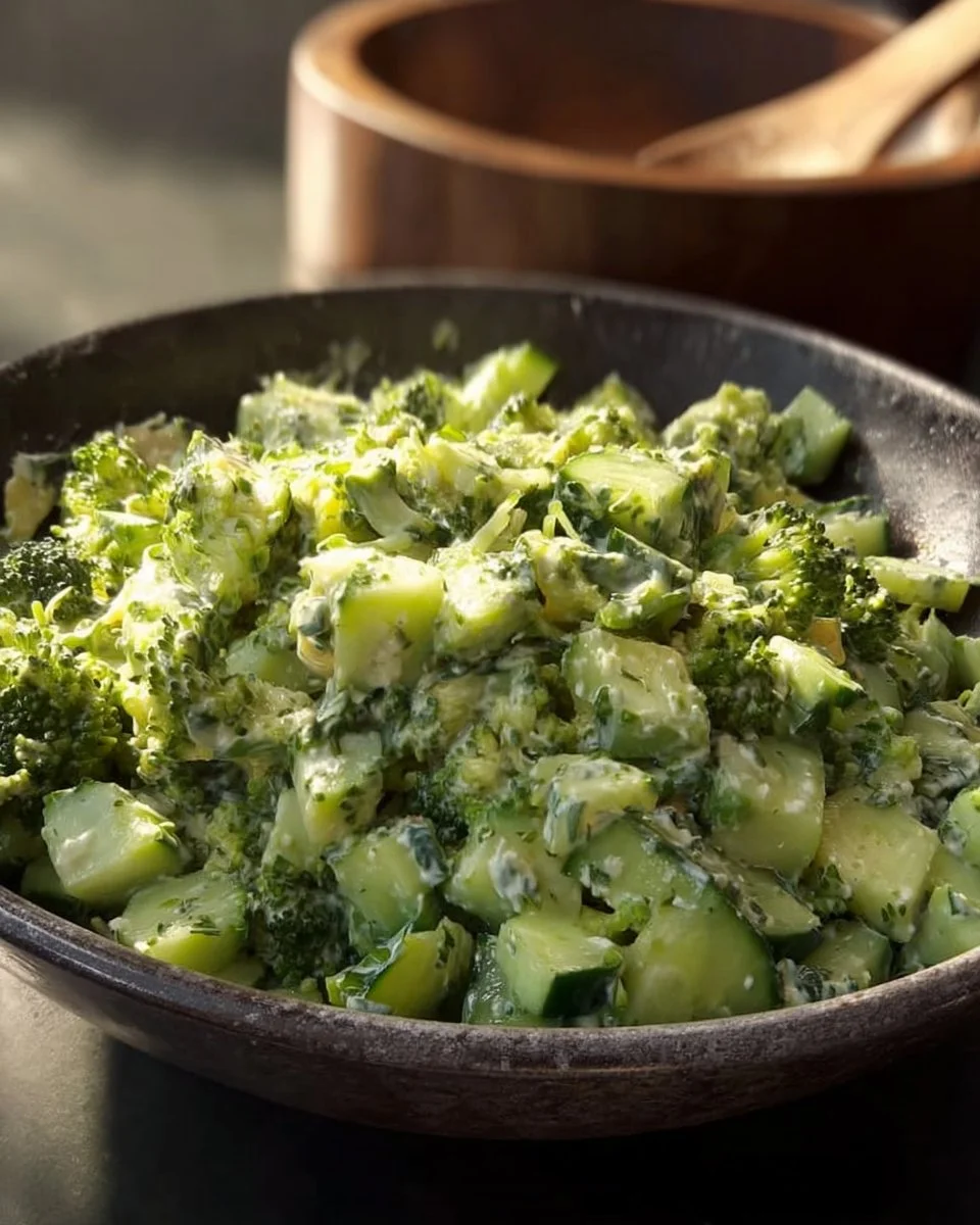 Broccoli cucumber salad with creamy garlic lime dressing in a bowl