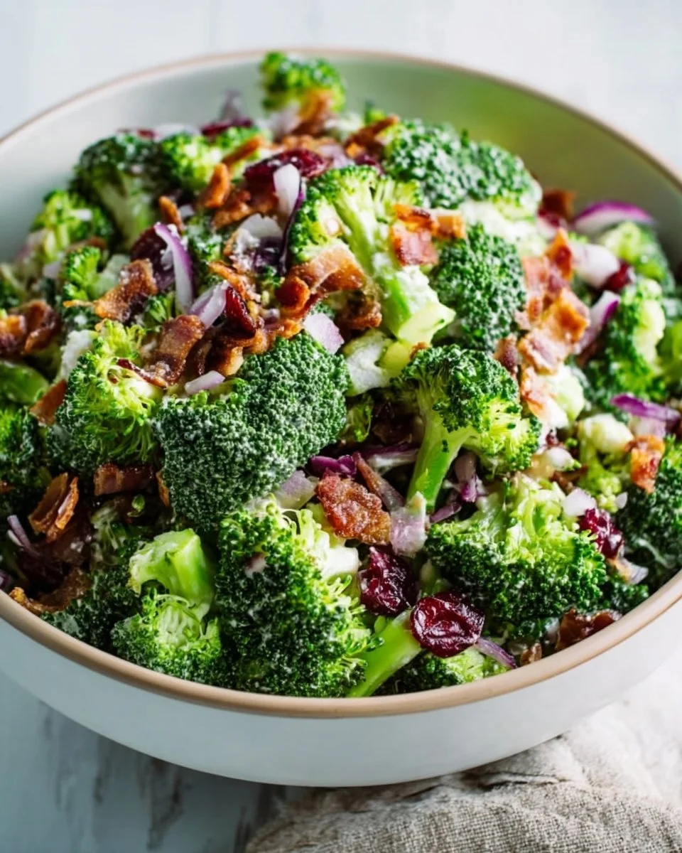 Colorful and nutritious broccoli salad with vegetables and dressing.
