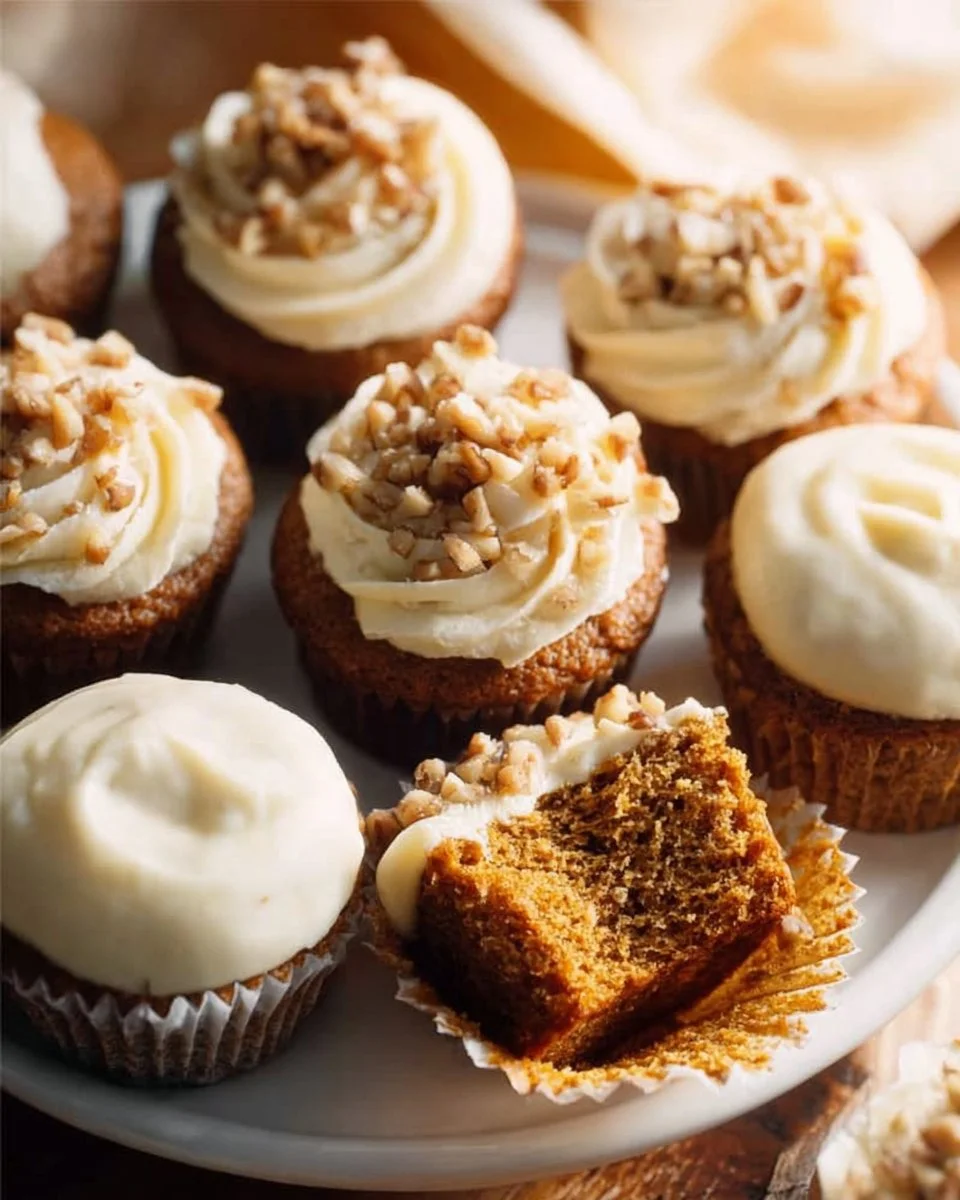 Delicious carrot cake cupcakes with cream cheese frosting on a decorative plate.