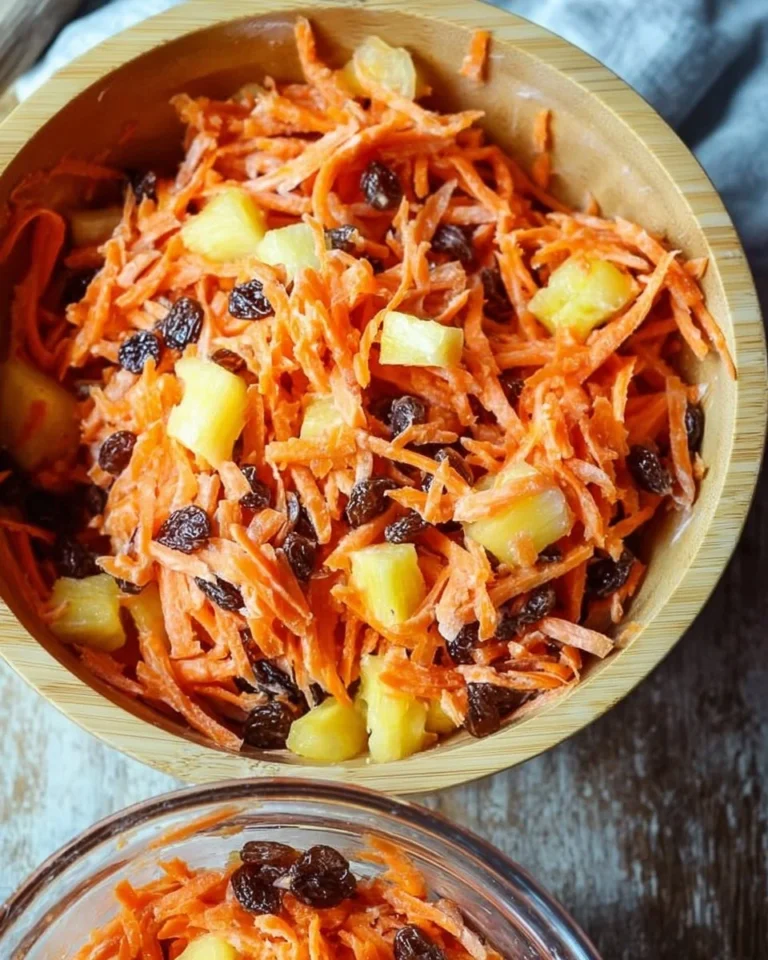 Carrot salad with raisins and pineapples served in a bowl