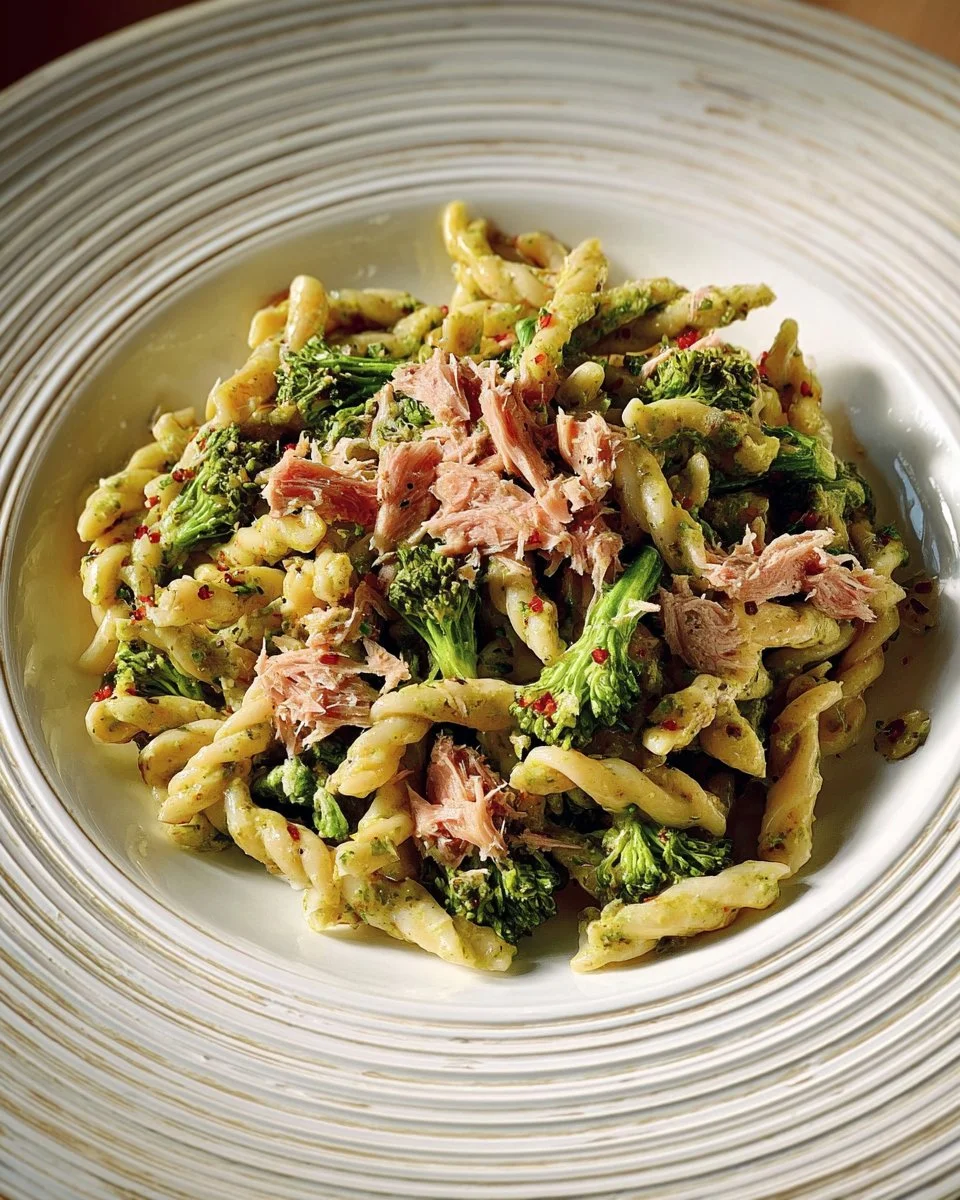 Delicious Casarecce Pasta with Broccoli and Tuna in a rustic bowl