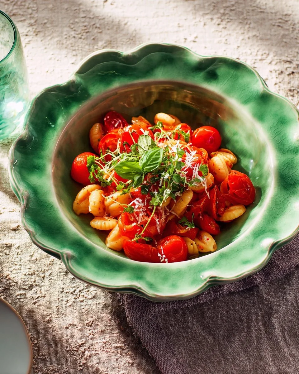 Plate of Cavatelli with Widow Sauce garnished with herbs and cheese