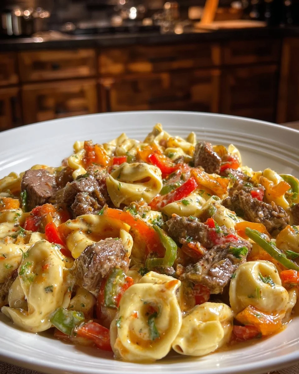 Cheesy Philly Steak Tortellini Skillet with vibrant toppings.