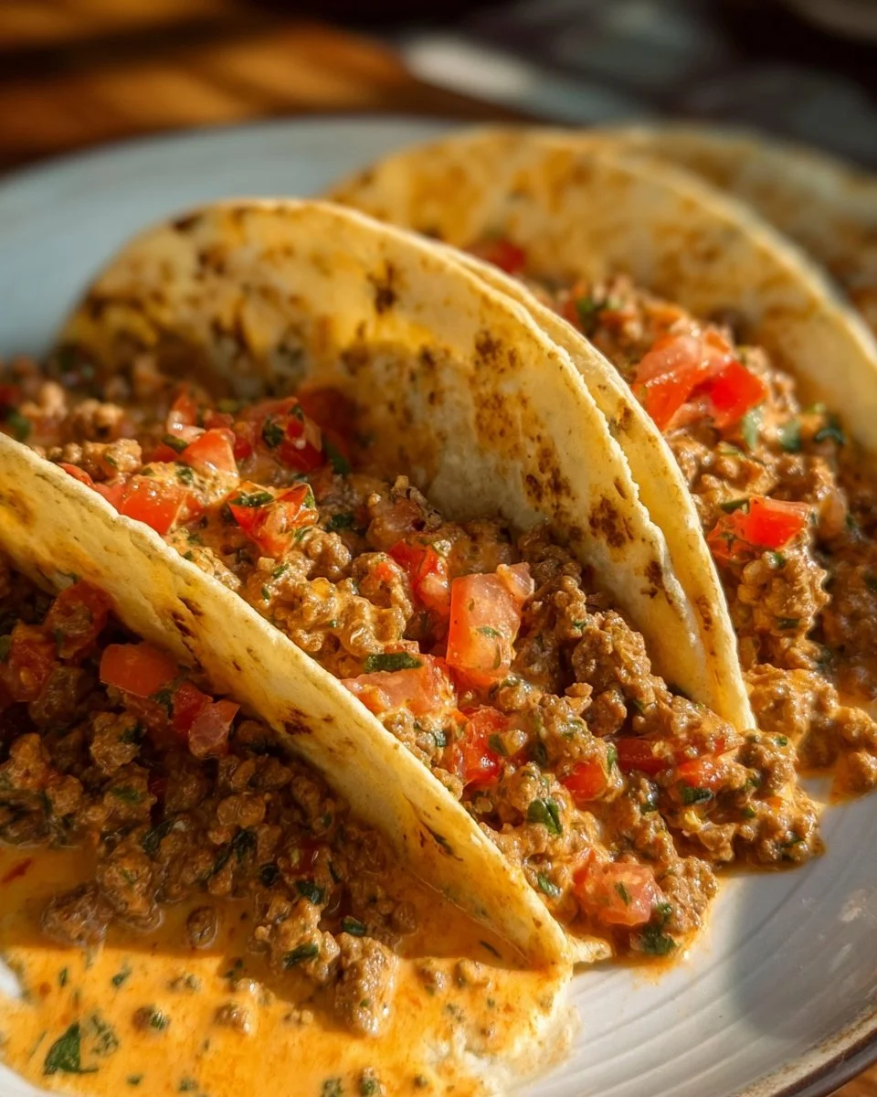 Cheesy Rotel beef soft tortilla tacos served on a plate
