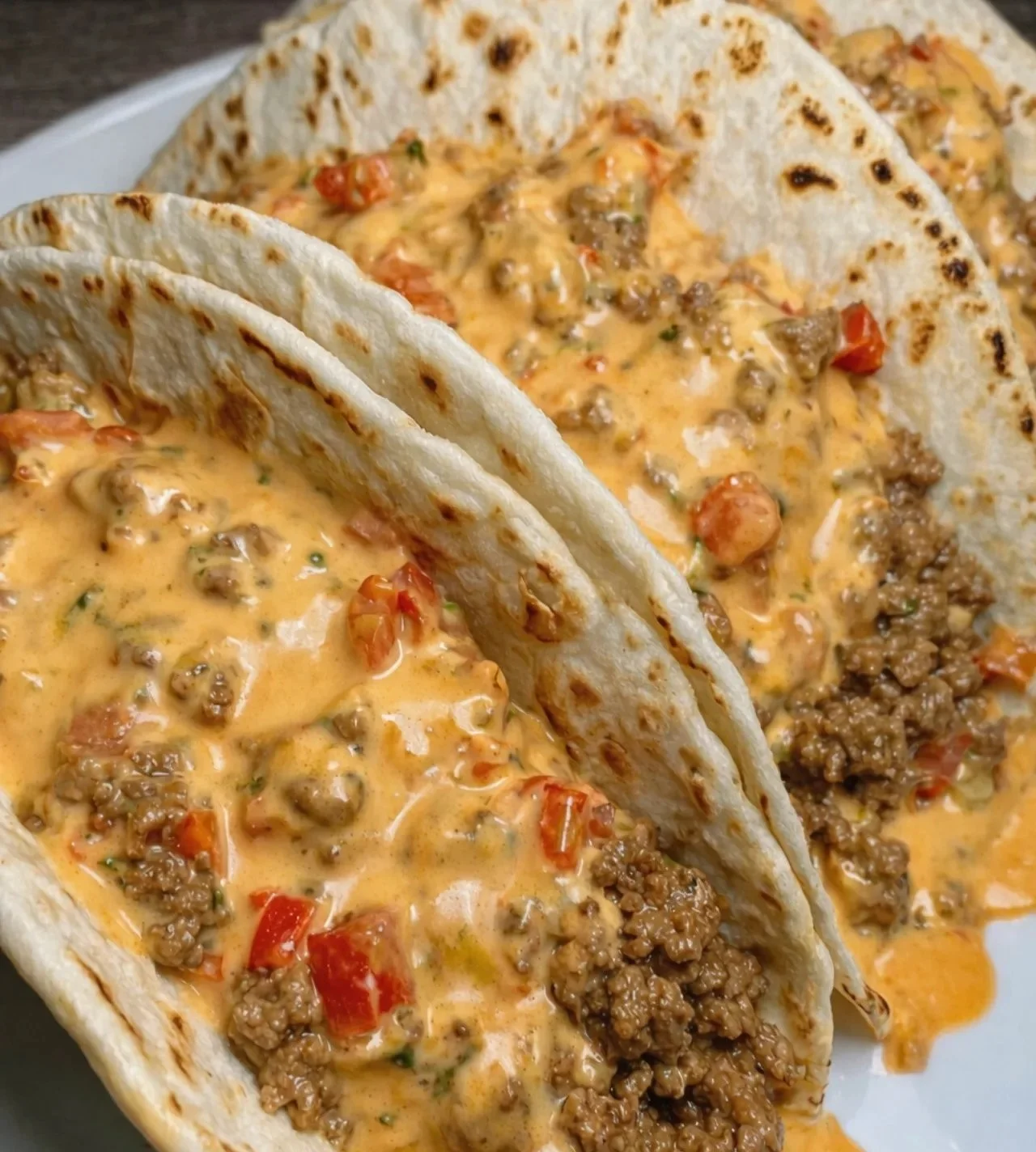 Cheesy Rotel Beef Soft Tortilla Tacos