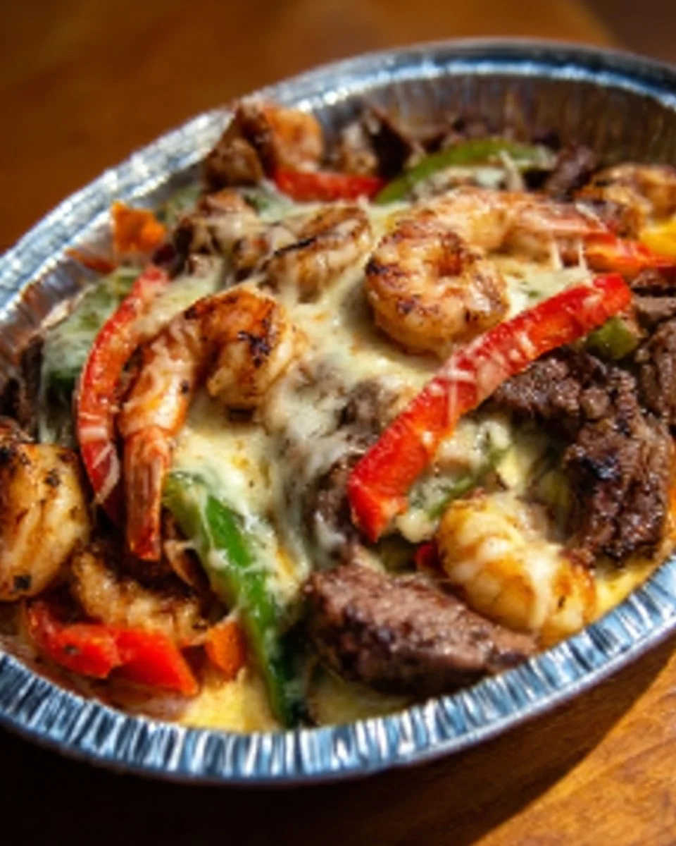 Cheesy Steak & Shrimp Skillet Bowl with fresh ingredients in a pan