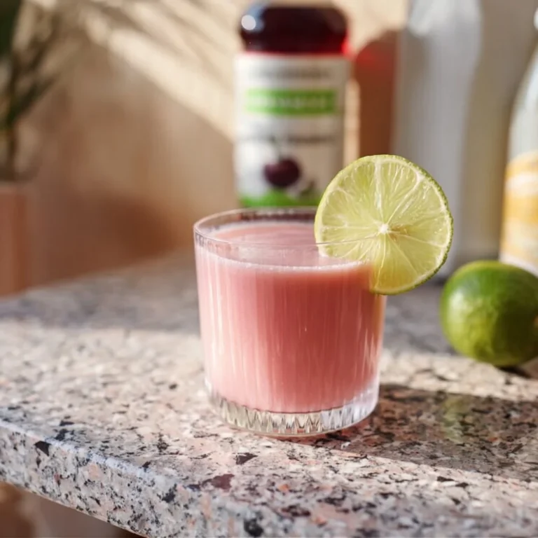 Cherry Limeade Cortisol Mocktail in a glass with lime and cherries