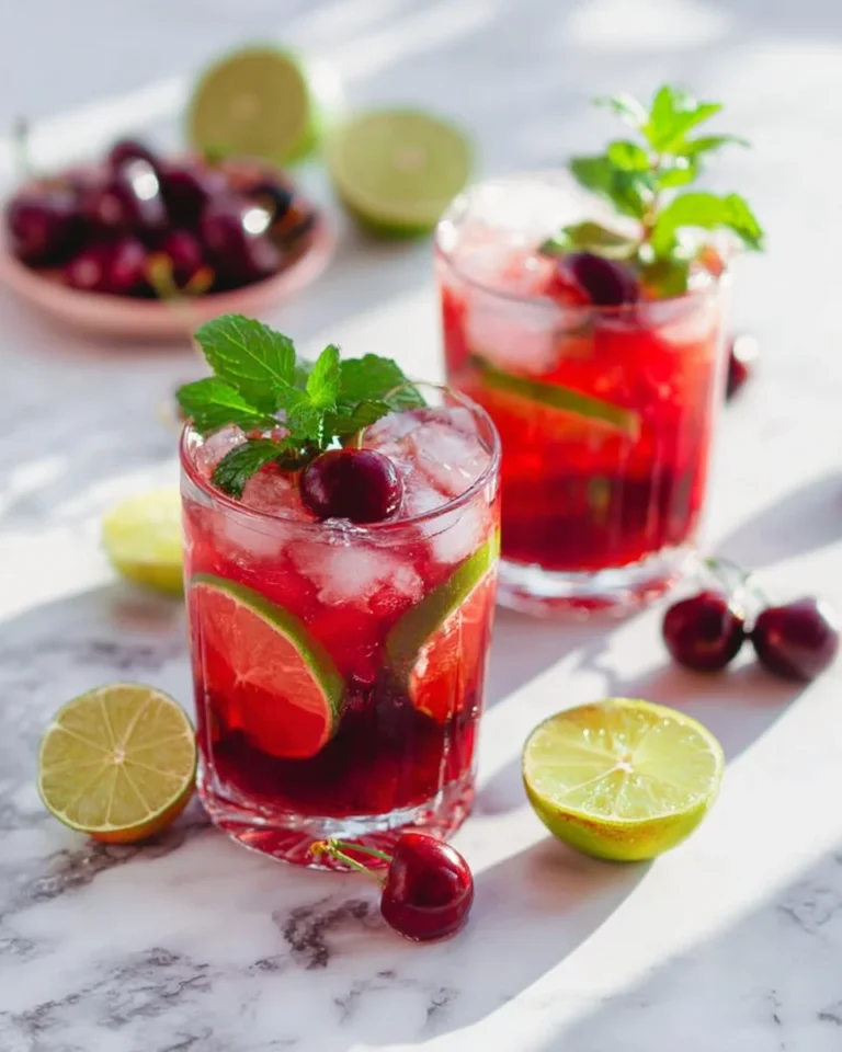 A refreshing Cherry Mojito Mocktail garnished with fresh mint and cherries.