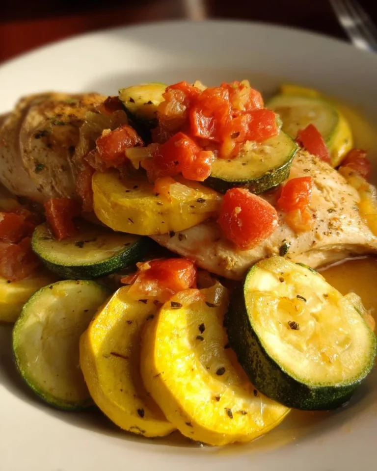 Delicious chicken and summer squash dish, showcasing vibrant colors and textures
