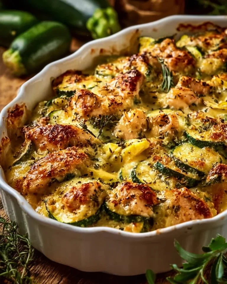 Delicious chicken and zucchini one-dish meal served on a plate.