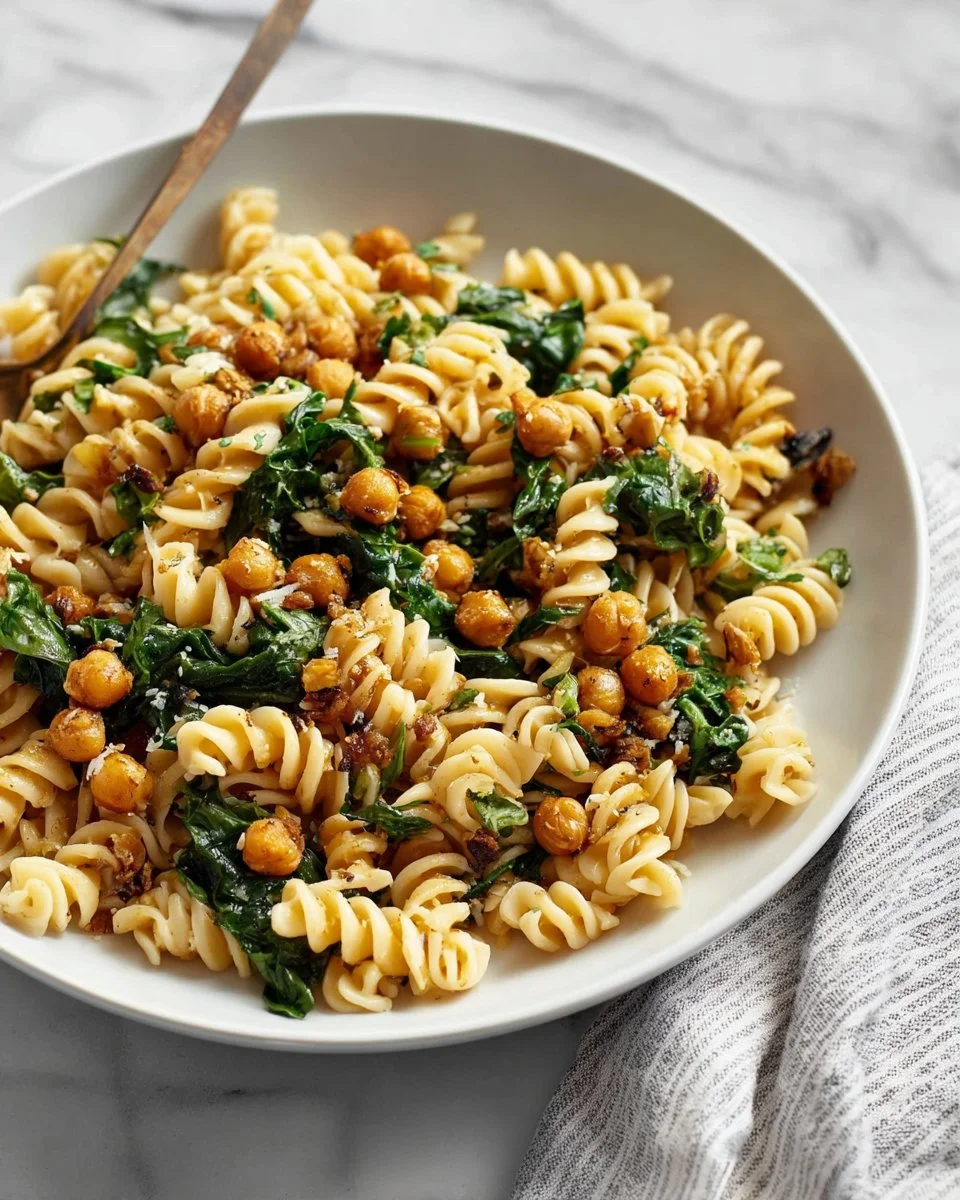 Bowl of chickpea pasta with spinach and fresh herbs, offering a healthy meal choice.