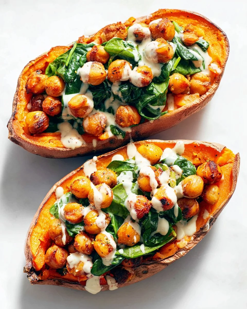 Chickpea Spinach Stuffed Sweet Potatoes