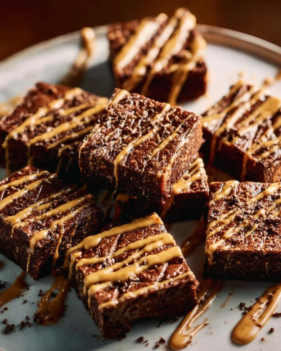 Delicious Chocolate Peanut Butter Marshmallow Treats stacked on a plate.