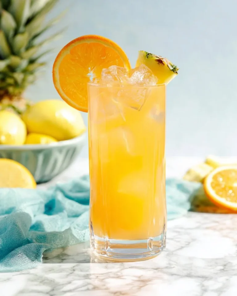 Cinderella Mocktail in a glass garnished with fruit slices.