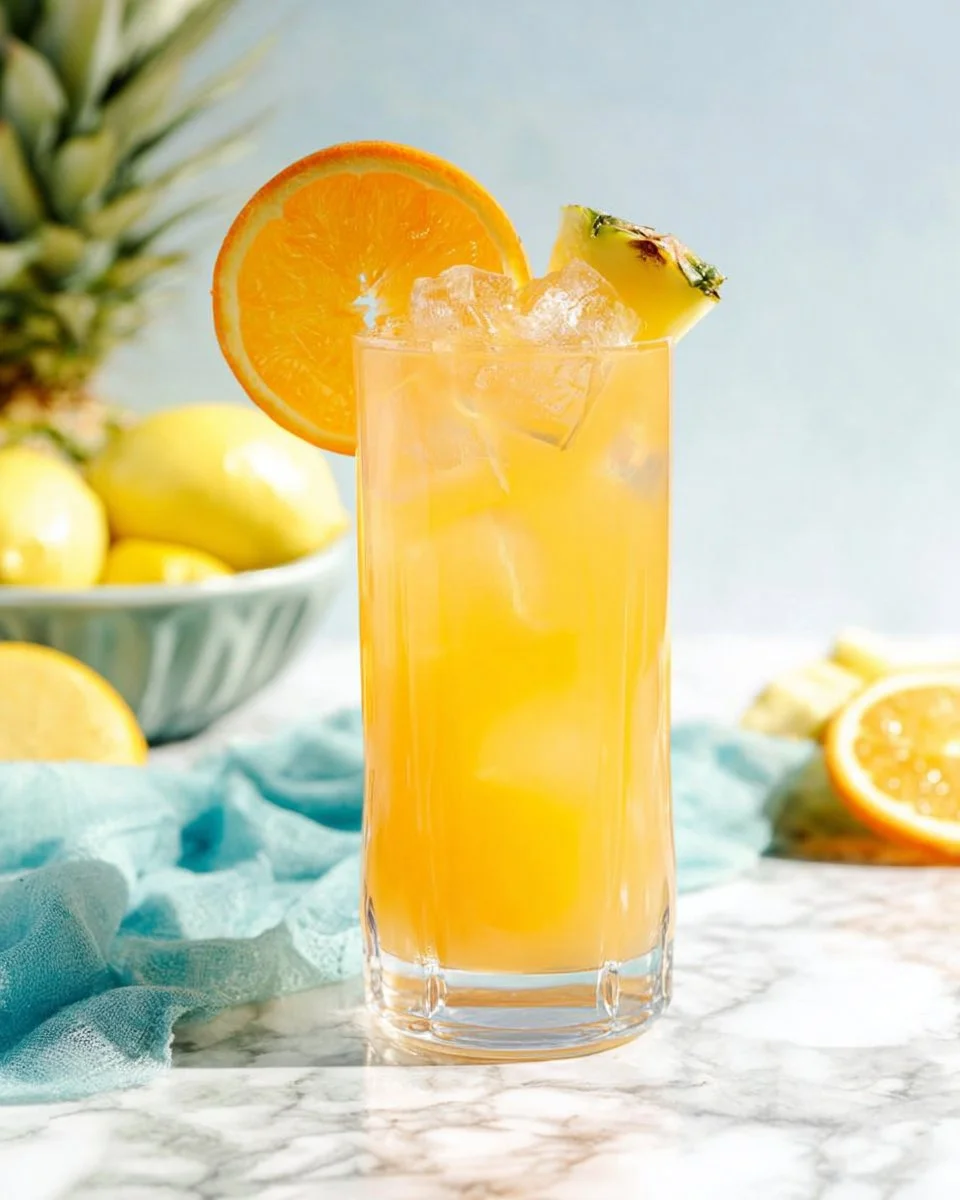 Cinderella Mocktail in a glass garnished with fruit slices.