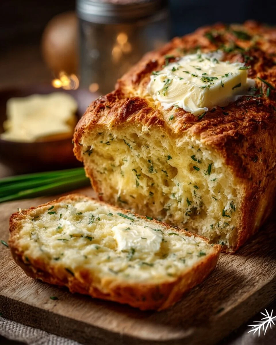 Freshly baked Cottage Cheese Bread on a wooden cutting board.