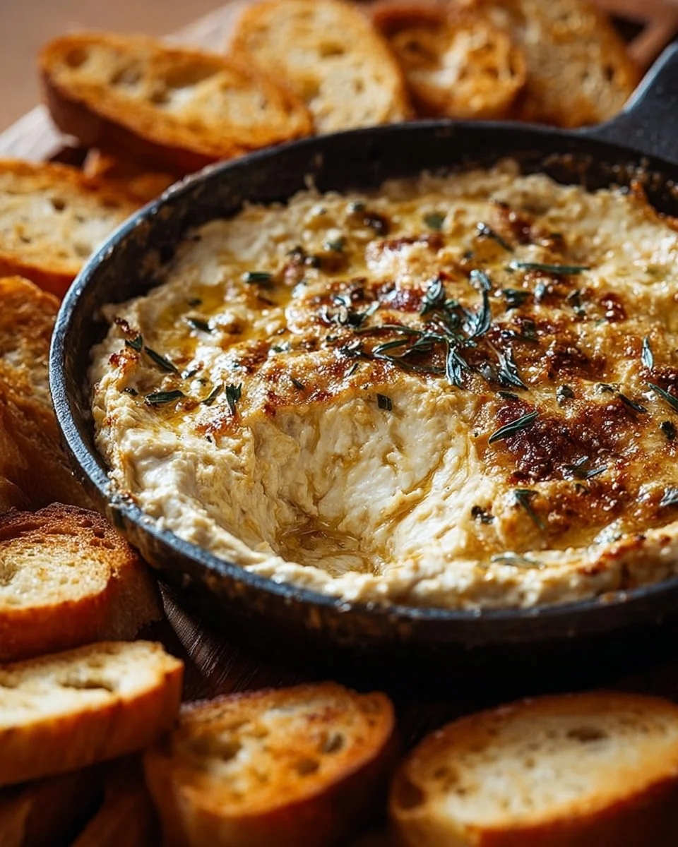 Creamy baked caramelized onion dip served in a dish for party appetizer