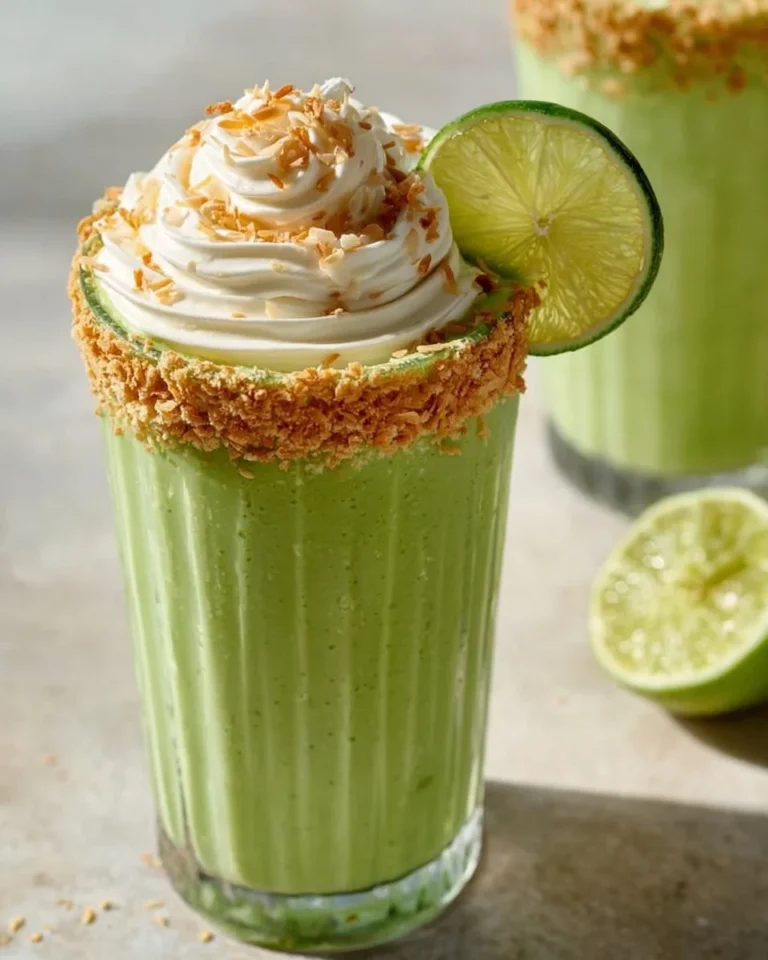 Creamy Coconut Key Lime Pie Smoothie in a glass with lime slices