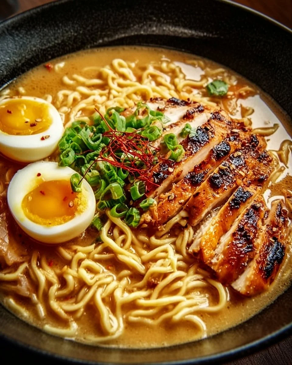 Delicious creamy garlic chicken ramen topped with herbs and vegetables