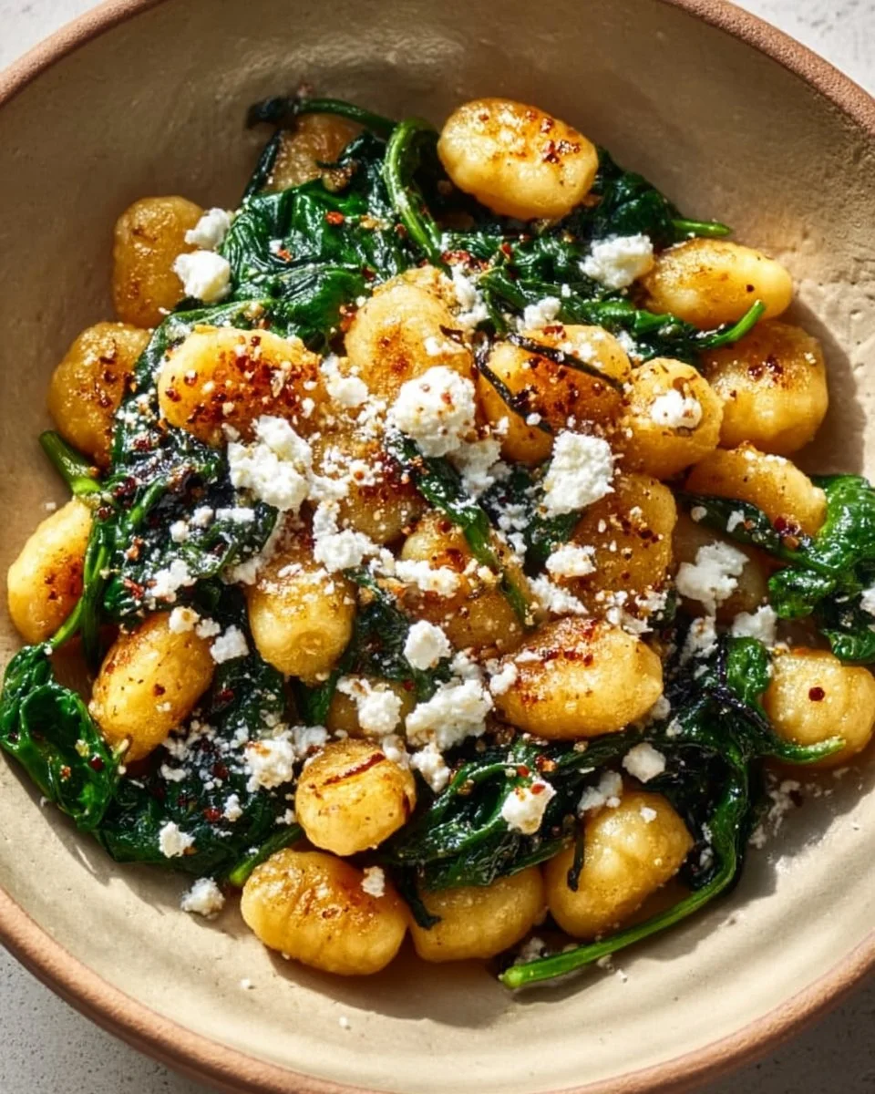 Creamy gnocchi dish featuring spinach and feta cheese in a comforting sauce.
