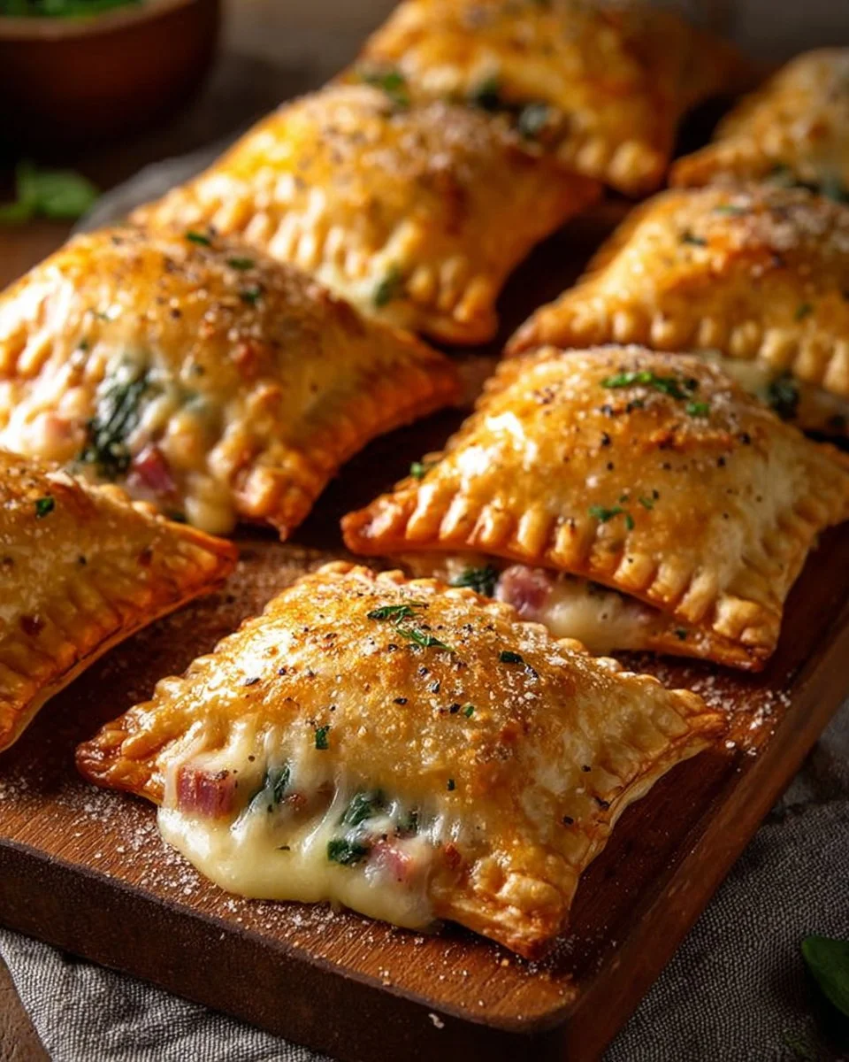 Delicious creamy ham and spinach hand pies on a wooden board