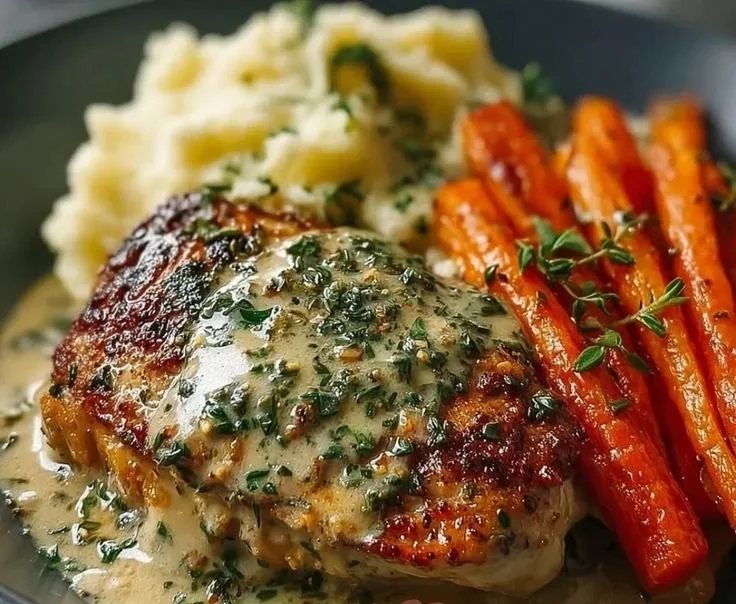 Creamy Herb Chicken with Mashed Potatoes and Honey Glazed Carrots