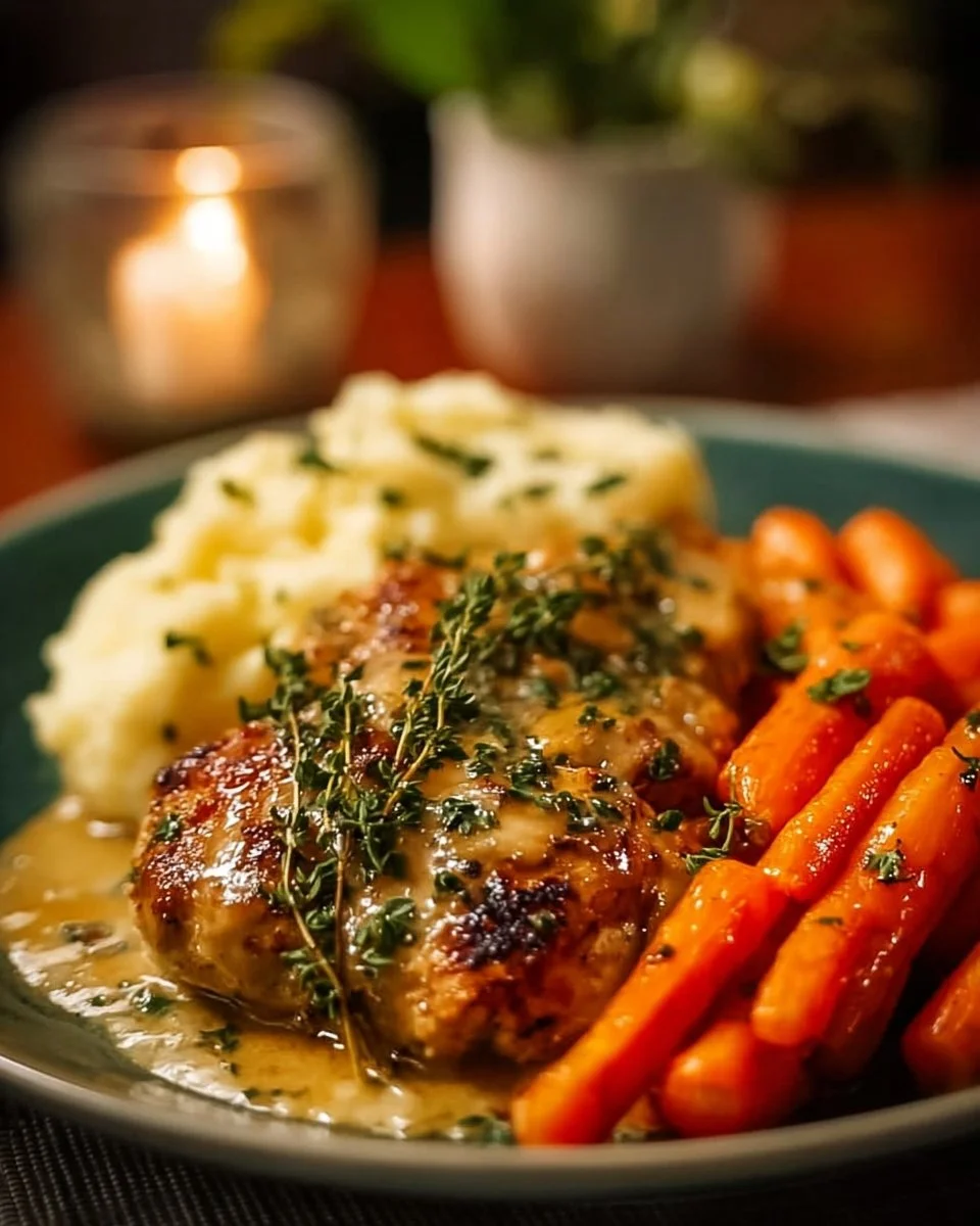 Creamy Herb Chicken with Mashed Potatoes and Honey Glazed Carrots