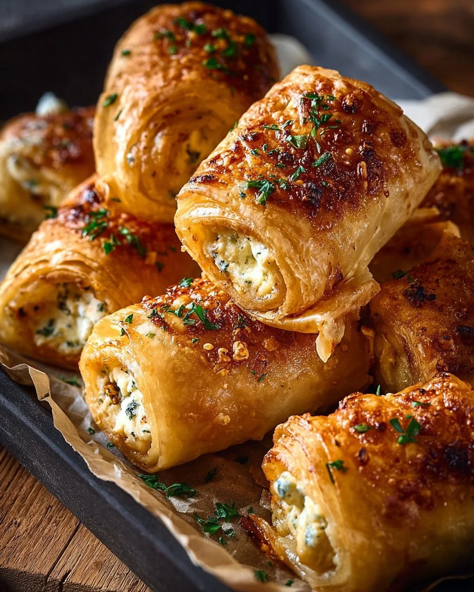 Crispy cheese turkey ham phyllo rolls served on a plate