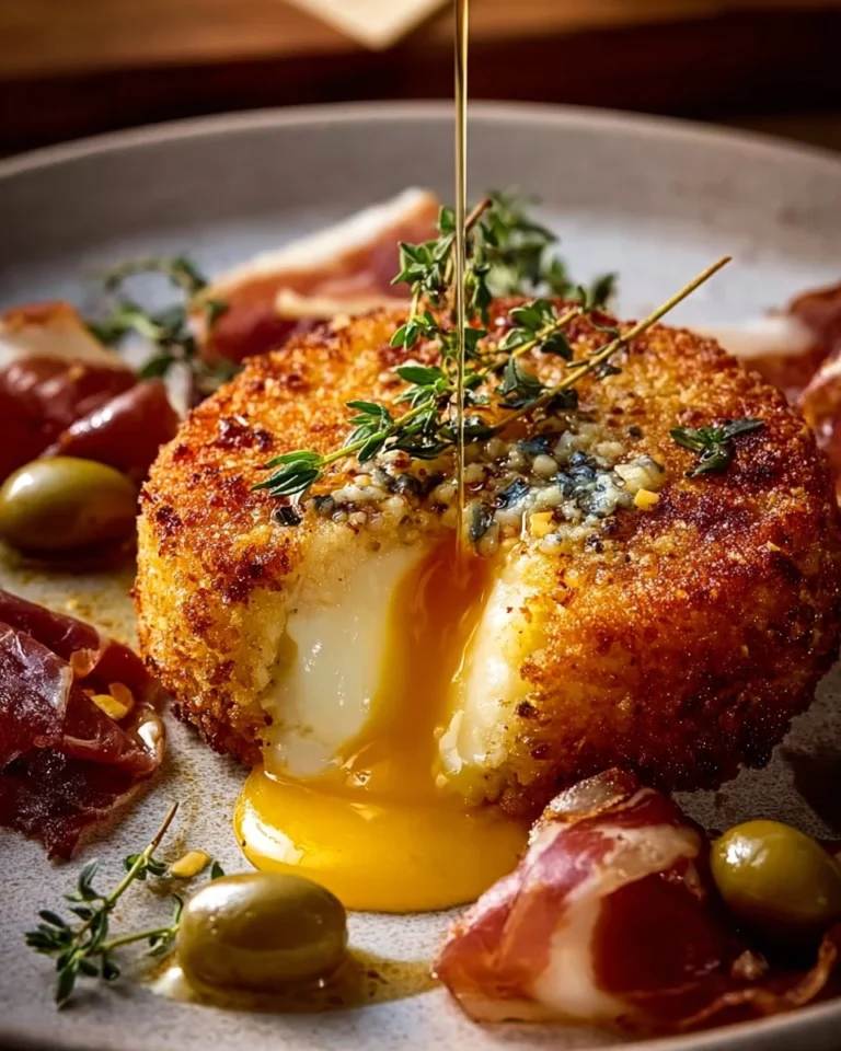 Crispy fried brie served with pepper honey, lemon-herb olives, and prosciutto