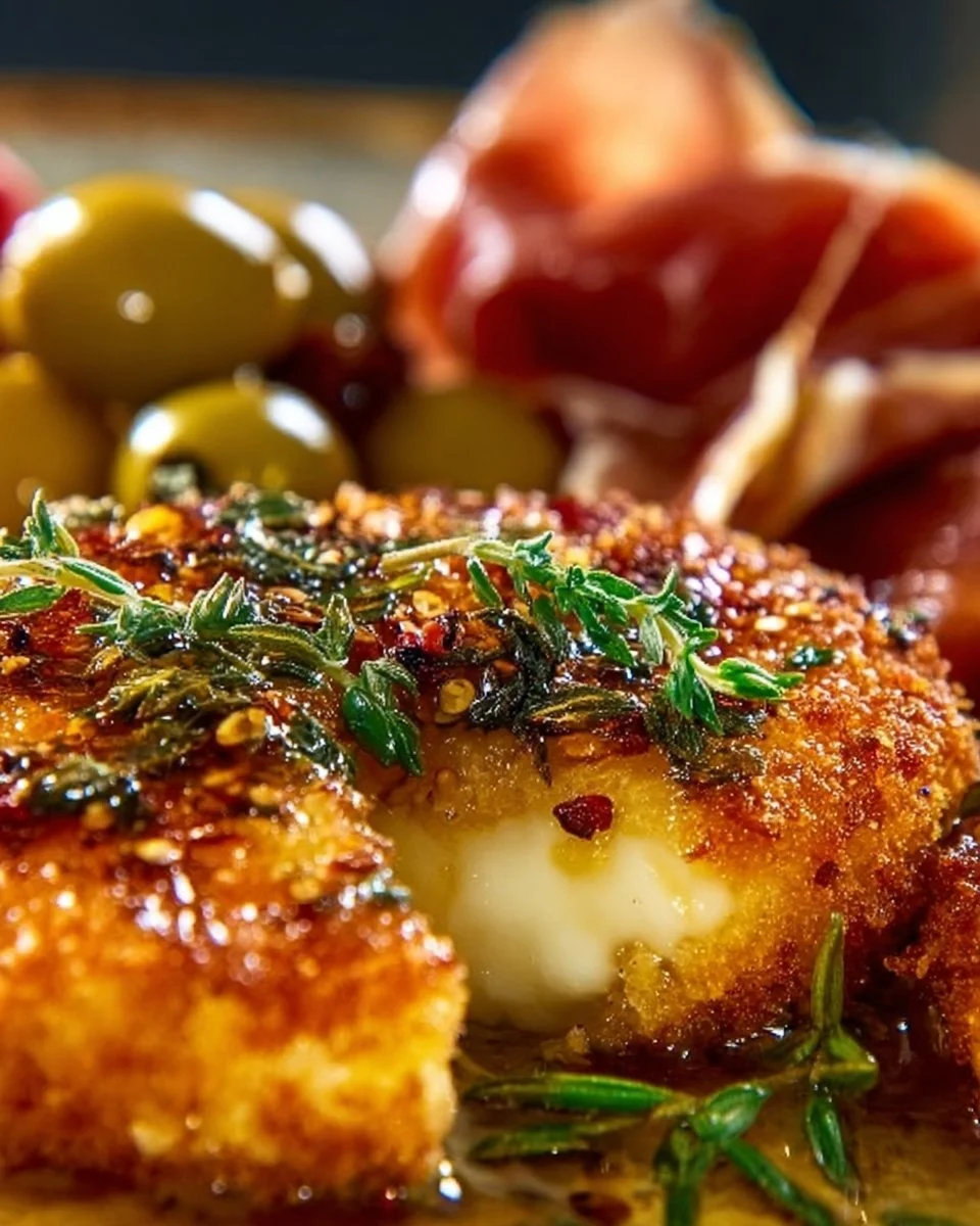 Crispy fried brie with pepper honey and warm olives, garnished with prosciutto.