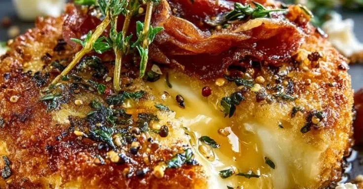 Crispy Fried Brie with Pepper Honey, Warm Lemon-Herb Olives & Prosciutto